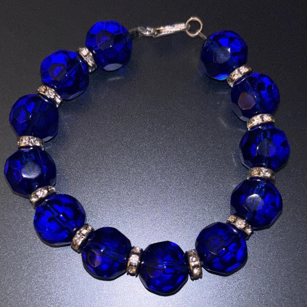 Cobalt Blue Faceted Bead Bracelet with Crystal Spacers